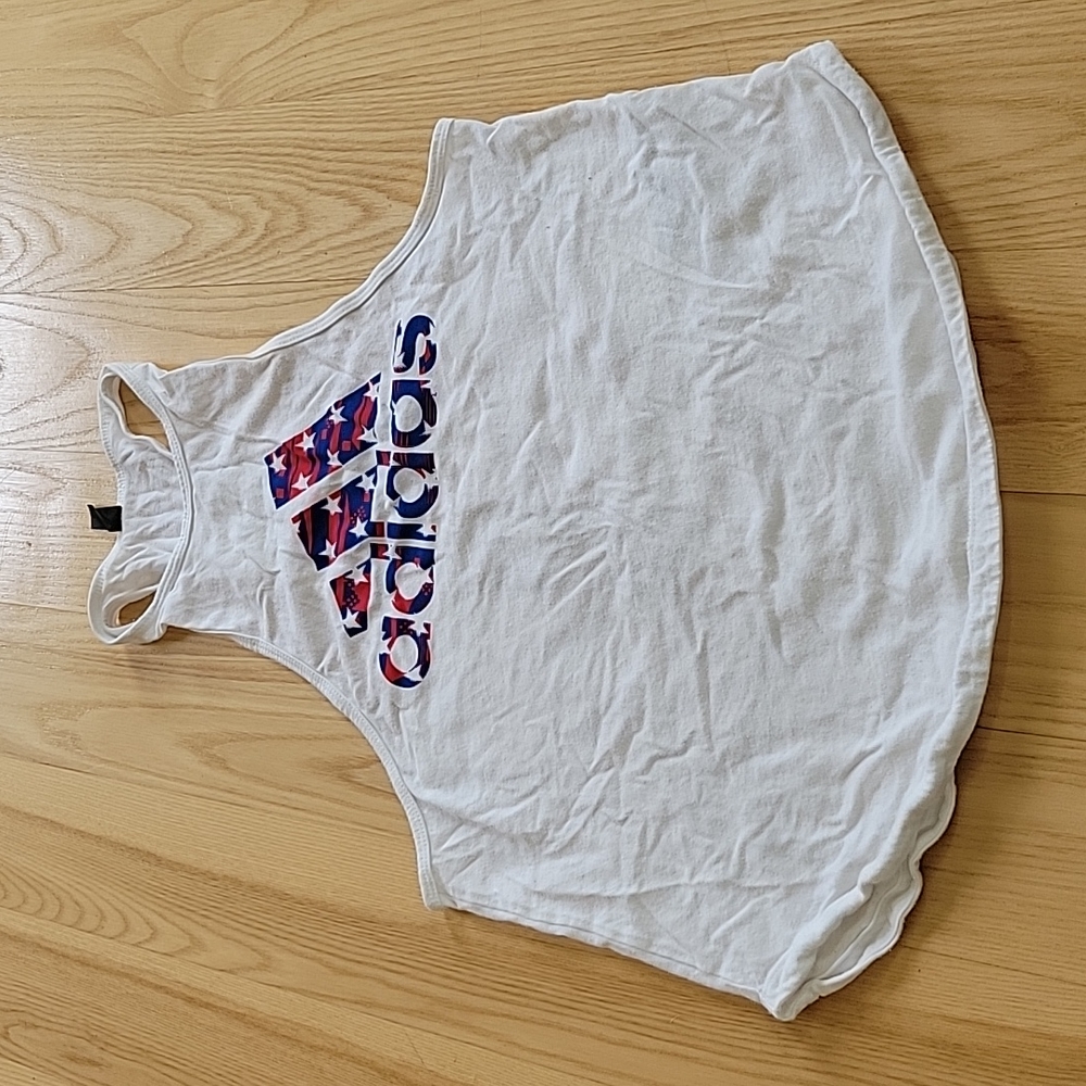 Adidas White Racerback Tank S Logo Workout Top Athletic USA Graphic - Picture 3 of 4